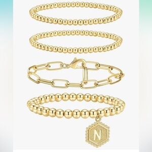 Doubgood Gold Beaded Bracelet Set N For Women, Stackable Initial N